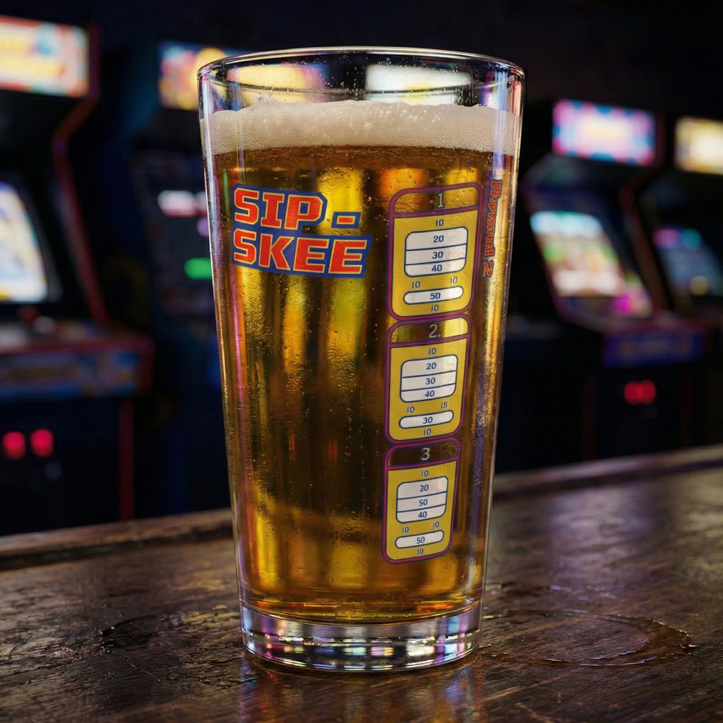 Pint glass of beer with 'Sip Skee' branding on a bar counter with arcade games in the background