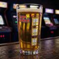 Pint glass of beer with 'Sip Skee' branding on a bar counter with arcade games in the background