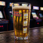 Pint glass of beer with 'Sip Skee' branding on a bar counter with arcade games in the background