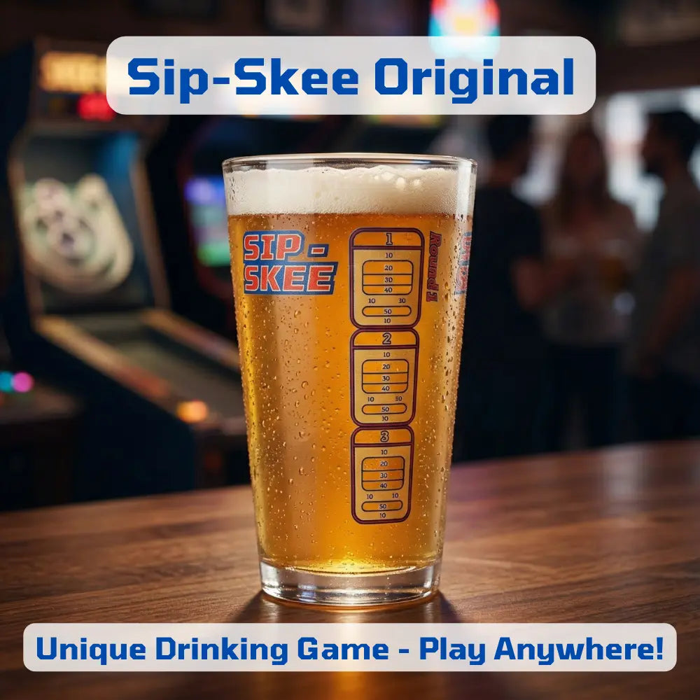 Sip-Skee Original pint glass featuring a unique drinking game design that can be played anywhere.